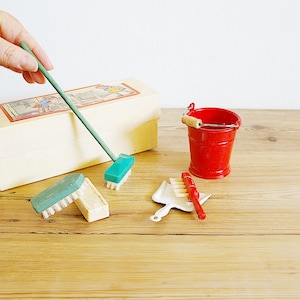Vintage doll broom brush dustpan bucket and soap lot in miniature, dolls accessory pretend play, Nursery decor, Childrens room, new in box