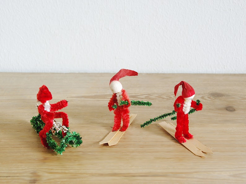 Vintage set of small Christmas chenille elves or pixies on skies and sled, Holiday decor, Christmas ornament, collectible old, image 2