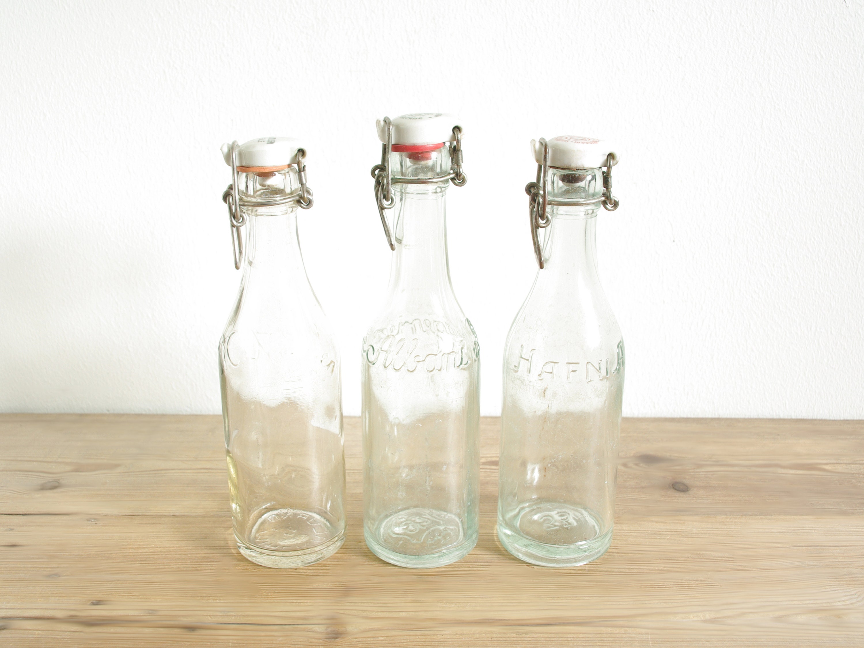 Vintage Set of 3 Glass Flip Top Bottles, Mineral Water Soda, Bail