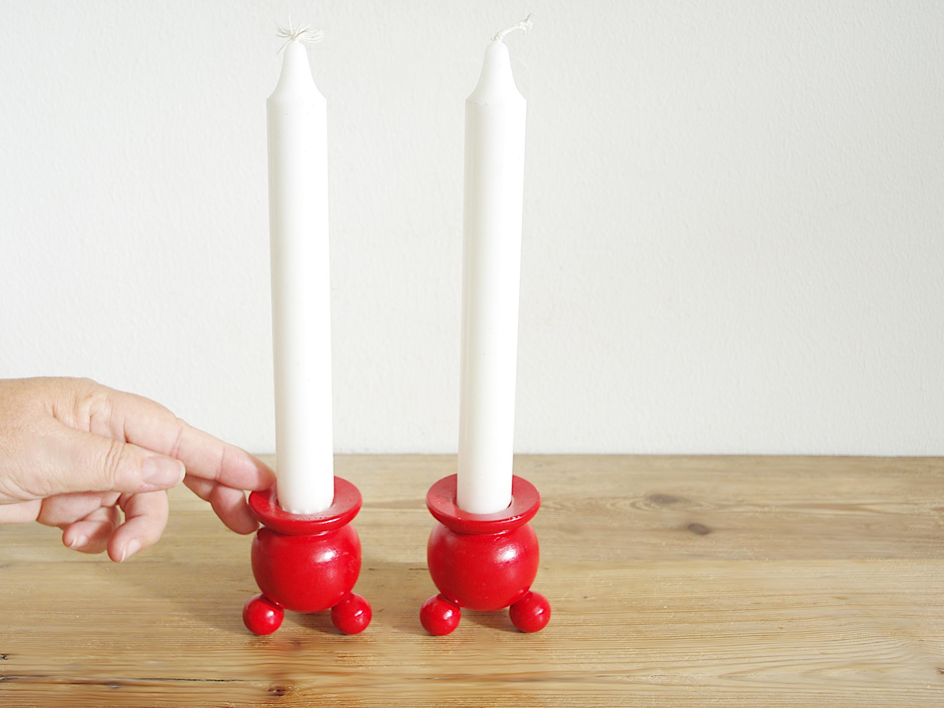 Vintage Pair of Red Candleholders Wooden, Swedish Christmas