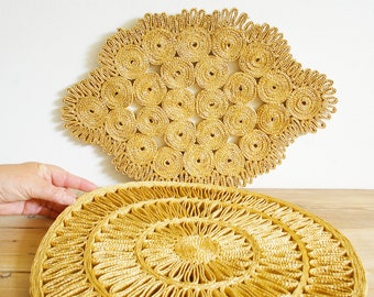 Vintage straw trivet pot coasters big, boho chic wall decor, Retro kitchen decor, Hot pad wicker, tableware old, woven set, bohemian style