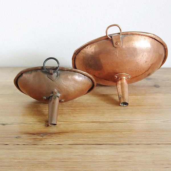 Vintage rare antique copper funnel in oval shape, Country kitchen rustic primitive utensil, Farmhouse decor, collectible hanging rack wall