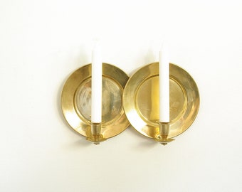 Vintage pair of brass candle sconces with round reflector, golden wall candlestick, Scandinavian lamp, metal simple minimalistic