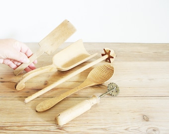 Vintage wooden utensils set with butter board spoon whisk scoop and pastry crimper, primitive instant collection, Farmhouse country Kitchen