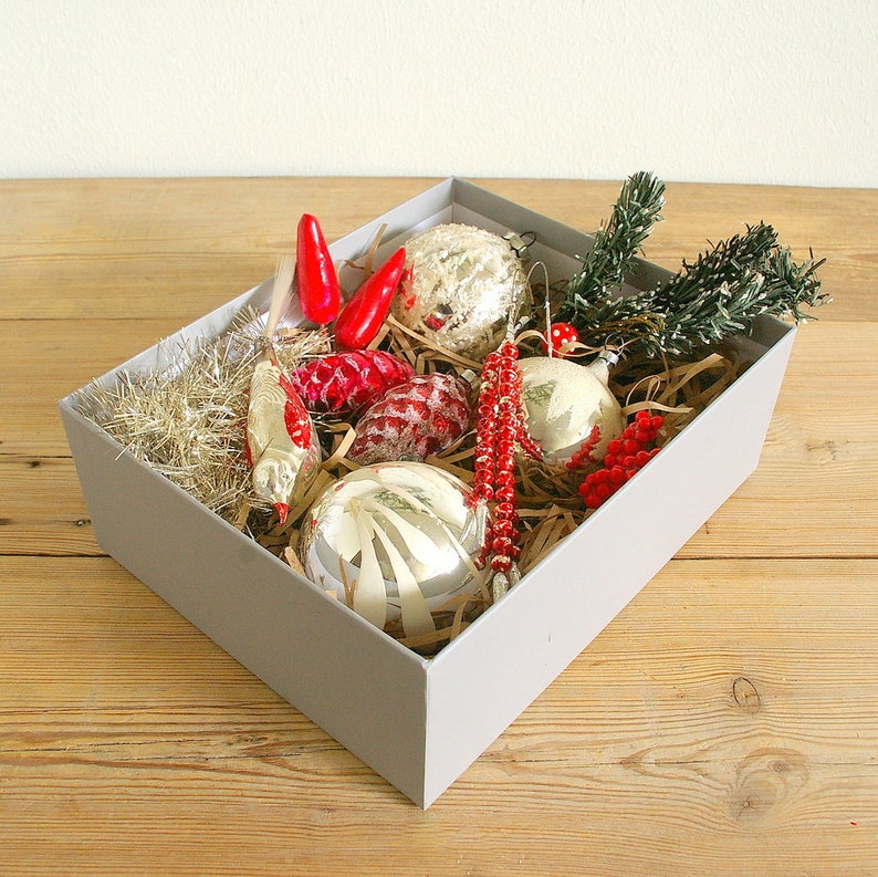 Vintage Lot of Christmas German Glass Ornaments in Box, Silver Red