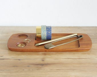 Vintage klein teakhouten dienblad in modern design uit het midden van de eeuw, Deens houten minidienblad, eenvoudig retro bureaudecor, Scandinavische hal