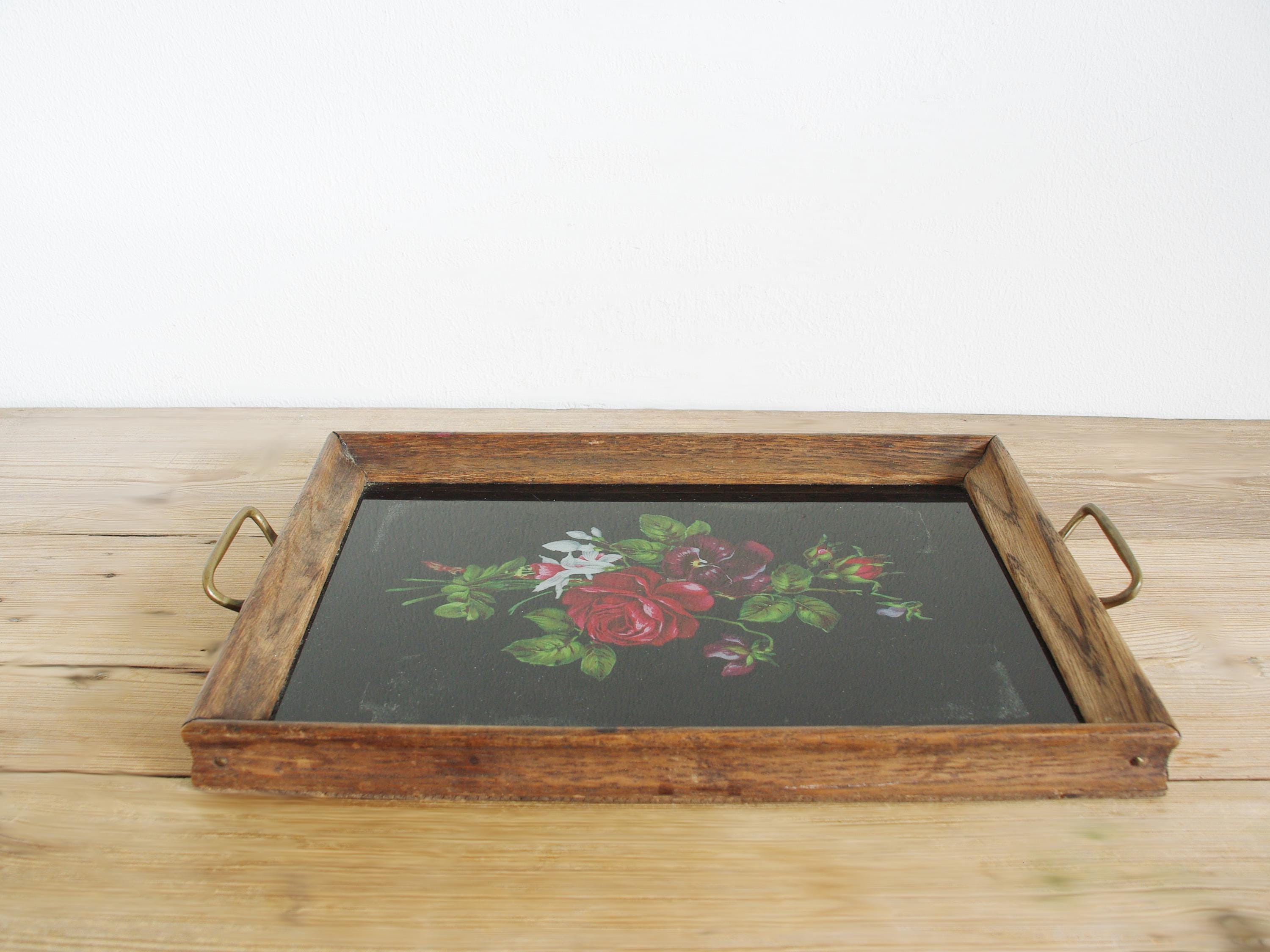 Vintage Wooden Tray With Rose Motive Under Glass, Serving Tray 