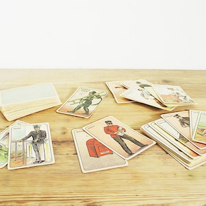 Jogo de cartas vintage com ilustrações de ofícios e suas ferramentas, cartas correspondentes com ilustrações coloridas, material para moldura de colagem, Solteirona