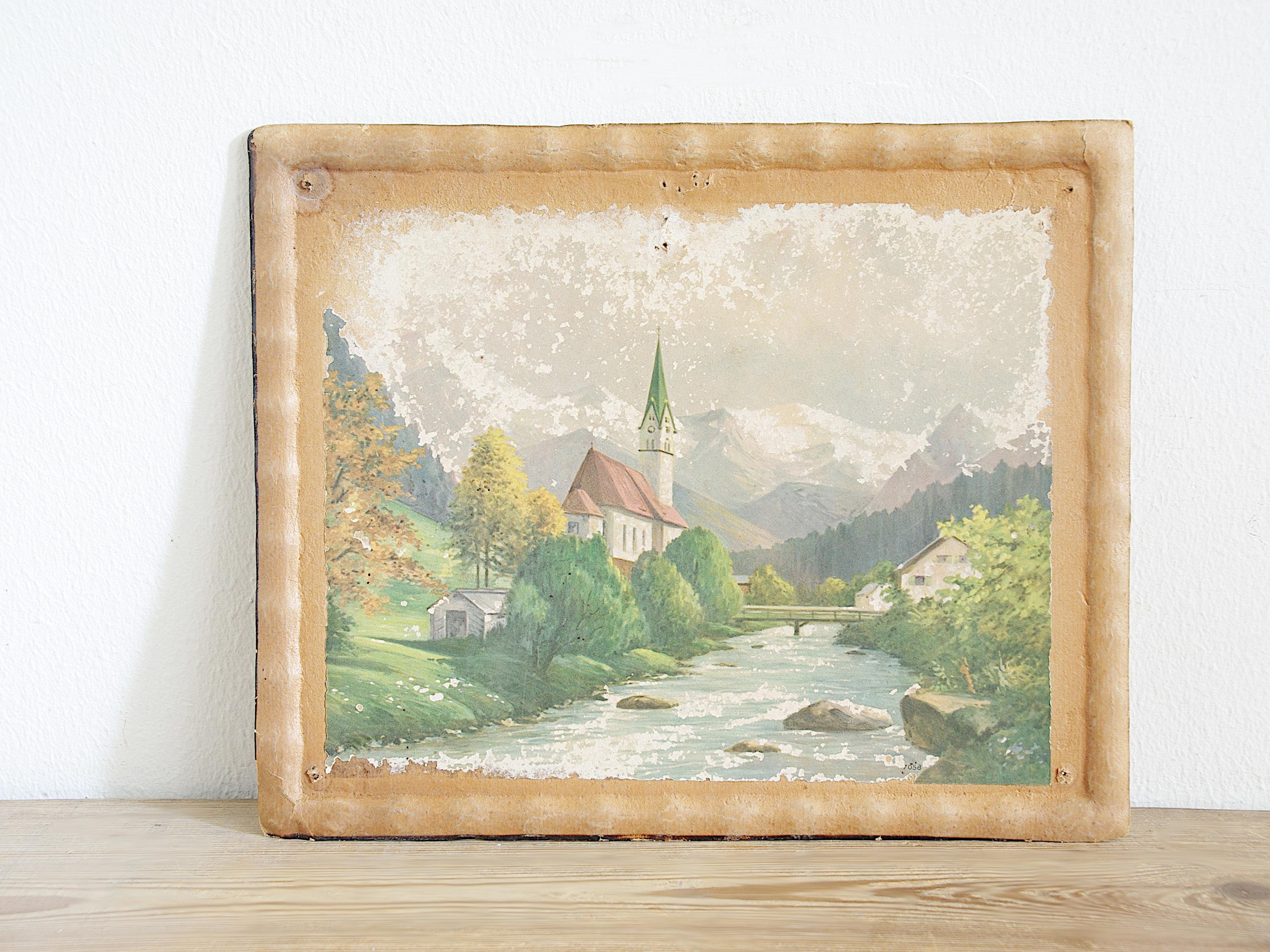 川と教会、山々のある風景を描いたヴィンテージアンティークプリント