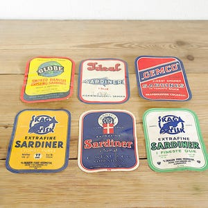 Vintage set of 6 original fish can labels, tin canned advertising, colorful Journaling supply, Scrapbooking collage, Ephemera paper, collect
