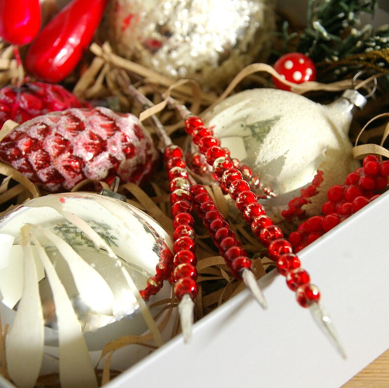 Vintage Lot of Christmas German Glass Ornaments in Box, Silver Red