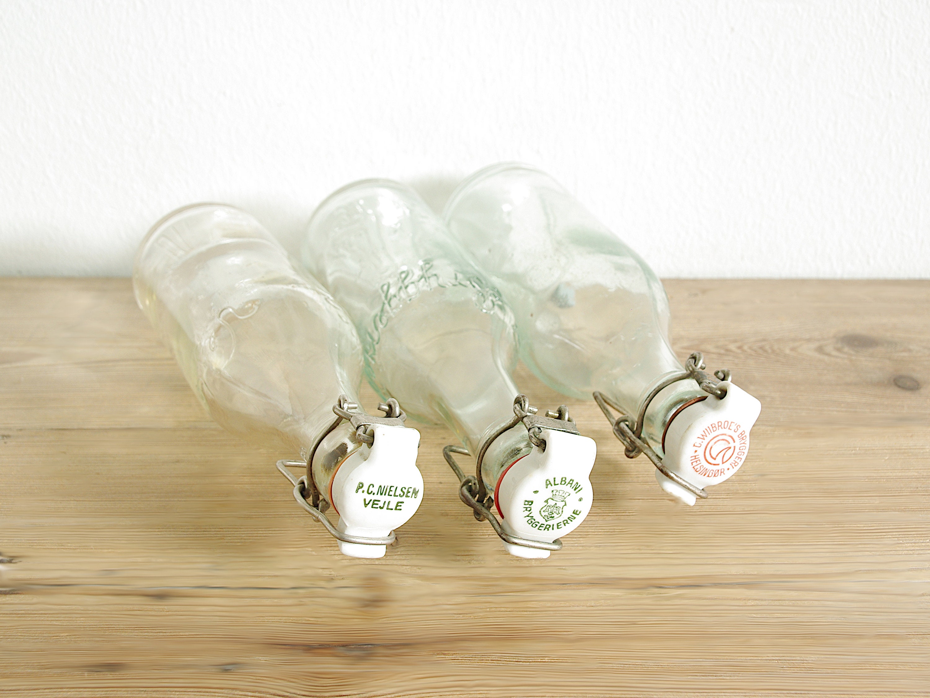 Vintage Set of 3 Glass Flip Top Bottles, Mineral Water Soda, Bail