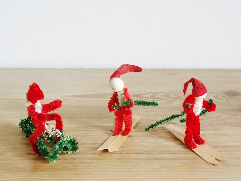 Vintage set of small Christmas chenille elves or pixies on skies and sled, Holiday decor, Christmas ornament, collectible old, image 4