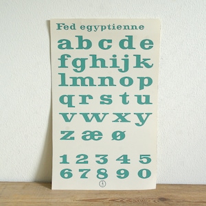 Vintage originele kaart of poster met alfabet en cijfers in lettertype egyptisch, type groene printer, muurhangende kinderkamer