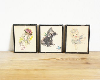 Vintage set of 3 small framed pictures of puppy and kittens, nursery decor wall, doggy kitty cat dog, girl boy 40s pastel, childrens room