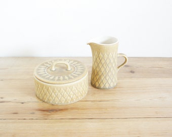Vintage Quistgaard sugar creamer set in mid century modern design, Relief Kronjyden by Jens Quistgaard, bowl marmalade jam, retro simple