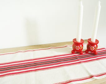 Vintage Swedish wool table runner red cream black green stripes, Scandinavian linen, mid century modern, wall hanging, cozy country kitchen
