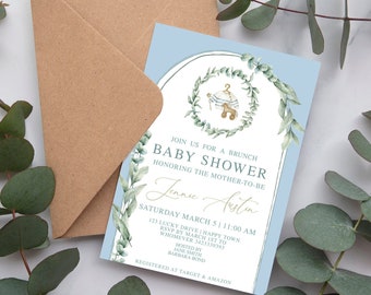 Baby Brunch Shower Invite with Pale Blues and Greenery | Editable Baby Shower Invitation