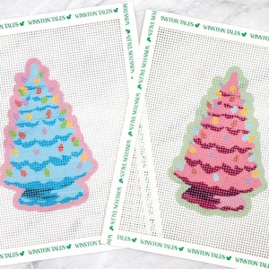 Grandma&#39;s Christmas Tree Needlepoint Canvas Blue & Pink | 13 Mesh Christmas Hand Painted