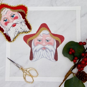 Santa Star Needlepoint Handpainted Canvas | 4&quot; Needlepoint Star Ornament