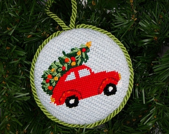 Red Christmas Tree Car Needlepoint Ornament Canvas | Volkswagen Needlepoint