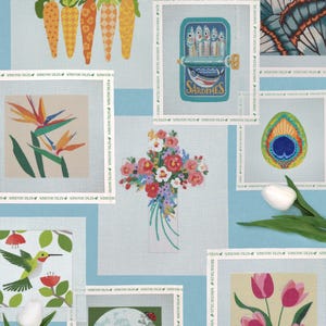 May include: Nine different needlepoint canvas designs featuring various themes, including a can of sardines, a bouquet of flowers, a peacock feather, a hummingbird, a moon, carrots, tulips, and a bird of paradise.