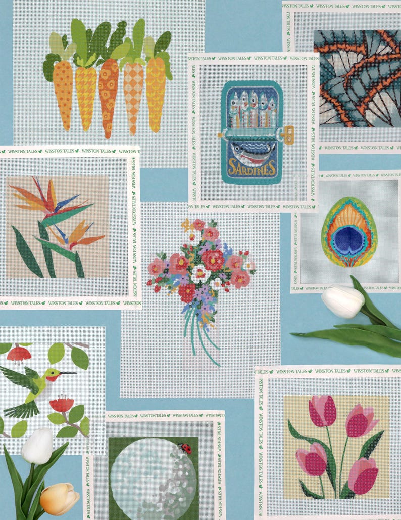 May include: Nine different needlepoint canvas designs featuring various themes, including a can of sardines, a bouquet of flowers, a peacock feather, a hummingbird, a moon, carrots, tulips, and a bird of paradise.
