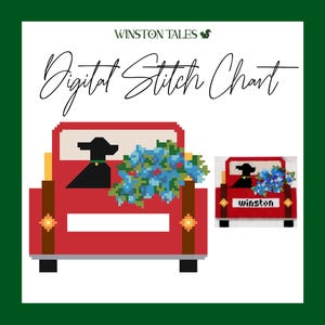Könnte beinhalten: Ein digitales Stichmuster mit einem roten LKW mit einem schwarzen Hund und blauen Blumen. Das Bild enthält den Text "Digital Stitch Chart" und den Markennamen "Winston Tales". Eine kleinere Version des LKWs ist ebenfalls vorhanden.