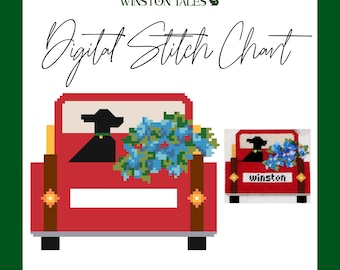 May include: A digital stitch chart featuring a red truck with a black dog and blue flowers. The image includes the text "Digital Stitch Chart" and the brand name "Winston Tales". A smaller version of the truck is also present.