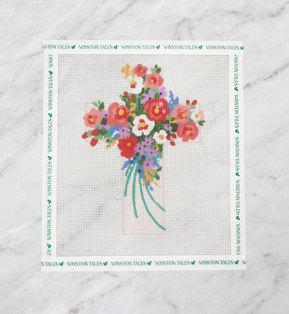 Boquet Flower Hand Painted Needlepoint Cross Canvas | 18  display picture 1