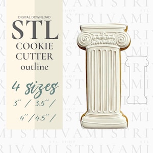 May include: A white cookie cutter in the shape of a classical column. The image includes the text "STL COOKIE CUTTER outline" and "4 sizes" with measurements of 3", 3.5", 4", and 4.5" for the cookie cutter.