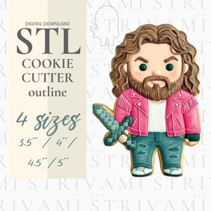 Może przedstawiać: Projekt konturu wykrawacza do ciastek przedstawiający postać z kreskówki z długimi włosami, brodą i różową kurtką, trzymającą pikselowy miecz. Wyświetlany jest tekst "STL COOKIE CUTTER outline", wraz z opcjami rozmiaru: 8.9 cm, 10.2 cm, 11.4 cm i 12.7 cm.