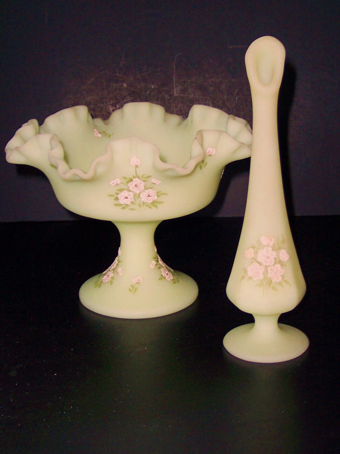 Vintage Hand Painted Fenton Custard Glass 2 PC Compote Etsy