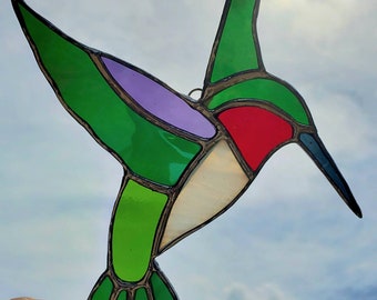 Stained glass hummingbird suncatcher. Bird gift home decor green iridescent nature