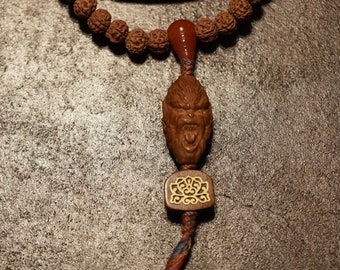 108 mini Rudraksha bodhi 10mm seed full mala with WuKong Monkey King Primal Pendant and Sky and Earth Dzi Bead