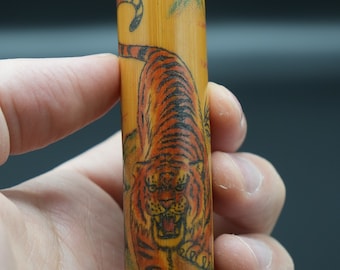 Solid Bamboo Handheld Stick with Tiger and Mountain Range (实心竹手把件）