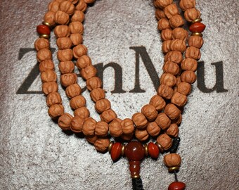 Cypress Bodhi 108 Bead Mala with Red Agate (Blessed in Nepal)