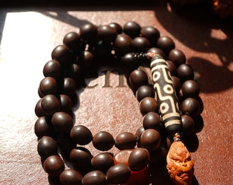 Black Lotus 58 Beads Mala with 9 Eye DZI Bead Aged Agate and Monkey King WuKong Pit Carving Pandent