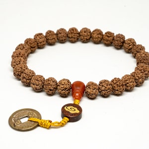 Dragon Rudraksha Mala: 11mm, 27 Bead, Qing Dynasty Coin