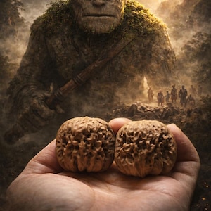 以下が含まれることがあります： 苔むした頭と肩を持つ巨人が、2つのクルミを持っている芸術的なイラスト。背景には山岳風景と人々のグループが描かれています。「The Humble Giant」というテキストが下にあります。