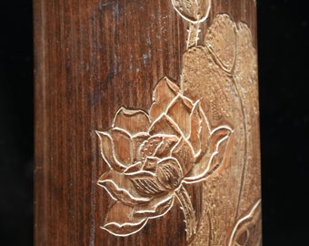 Vintage Bamboon Arm Rest With Lotus Flower Carving Signed