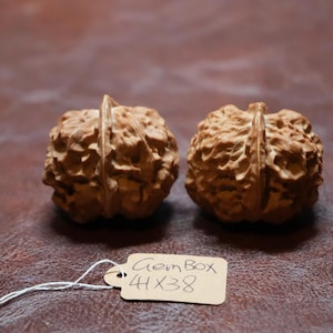 以下が含まれることがあります： 茶色で質感のあるクルミ型のオブジェクトが2つ。 「Gem Box 41x38」と書かれた小さなタグが白い紐で取り付けられています。 オブジェクトは茶色の表面にあります。