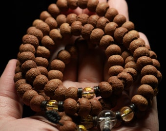 Mushroom shaped Lotus 莲花菩提 Bodhi from Nepal 108 Bead Full Mala with Mentra crystal/glass beads