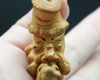 Solid Bamboo Handheld Carved Realistic Face Old Man Smoking a Pipe