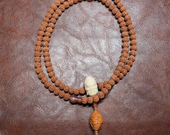 Rudraksha Seed Mala: Monkey King Carving, Agate Guru Bead