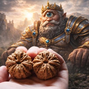 May include: Two brown walnuts are held in a hand, with a fantastical cyclops figure in the background. The cyclops wears a crown and ornate armour. The scene is set in a forest with a castle in the distance.