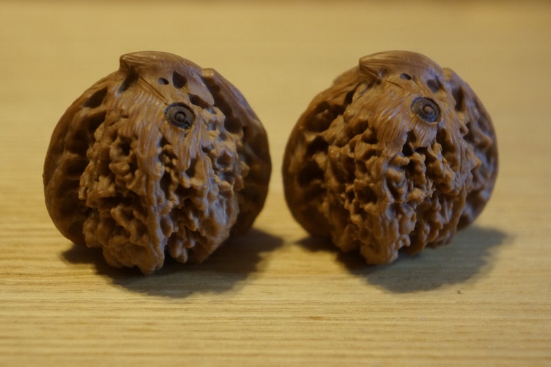 Pair of Matched Chinese Collection Walnut with Owl Carving baby owls image 3