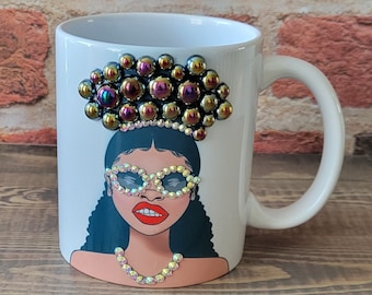 Bling Coffee Mug, Bedazzled Rhinestone Mug, Black Girl Gift