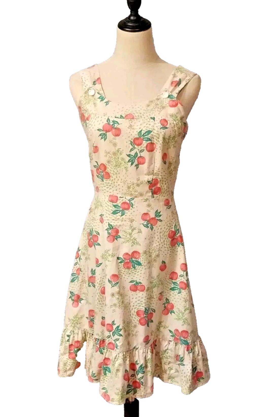 Vintage 1970's Size 12 Cream Pink Green Apples Cotton Prairie Sundress Dress