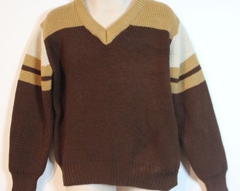 Vintage 70's ~ Jalopy Brown Tan V-Neck Acrylic Jumper Sweater Top Pullover Boys 4